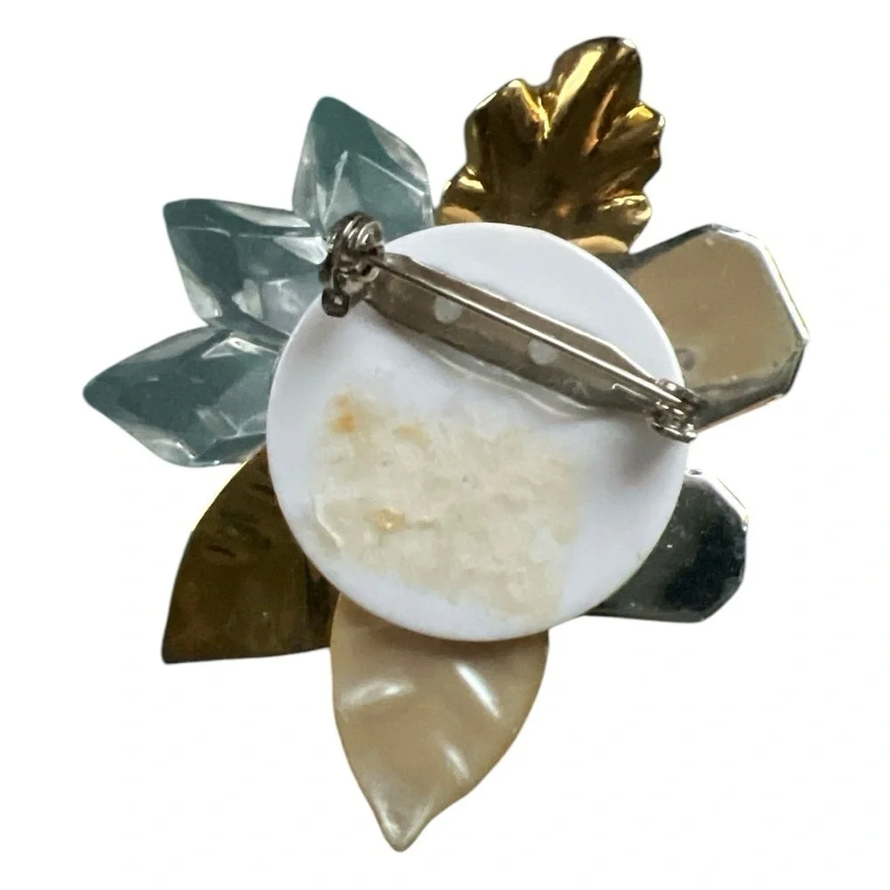 Vintage Statement Brooch Pin Trendy Pearl Flower Gold Leaves Clear Crystal Stone